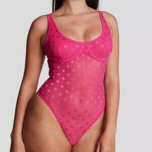 PINK Victoria's Secret Sheer Sexy Dot Mesh Bodysuit Sleepwear Lingerie Small